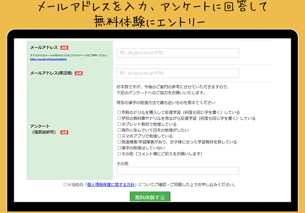 メールアドレスとアンケート回答の入力