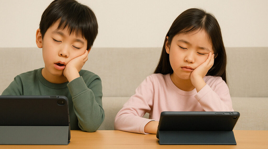 タブレット学習中に眠くなってしまった子どもの画像