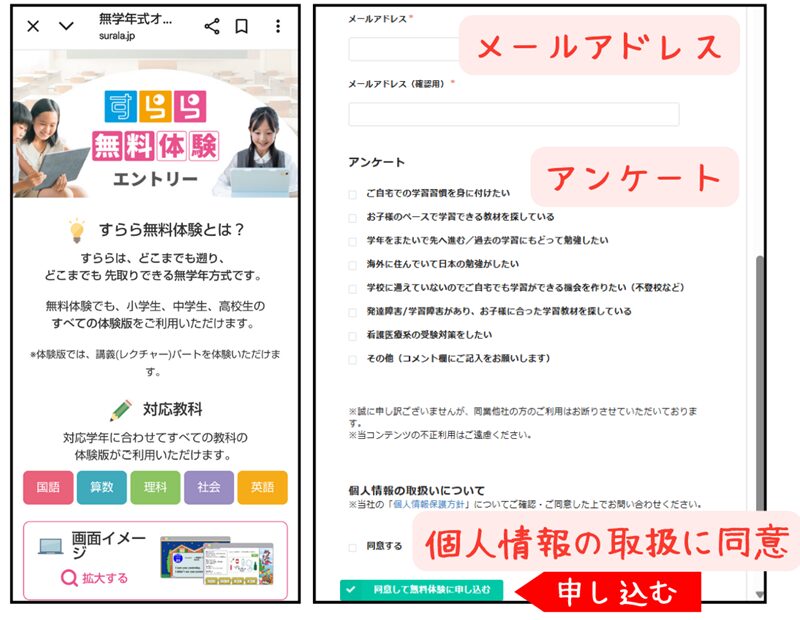 無料体験エントリー画面(どんな端末でも同様の順に表示されます)