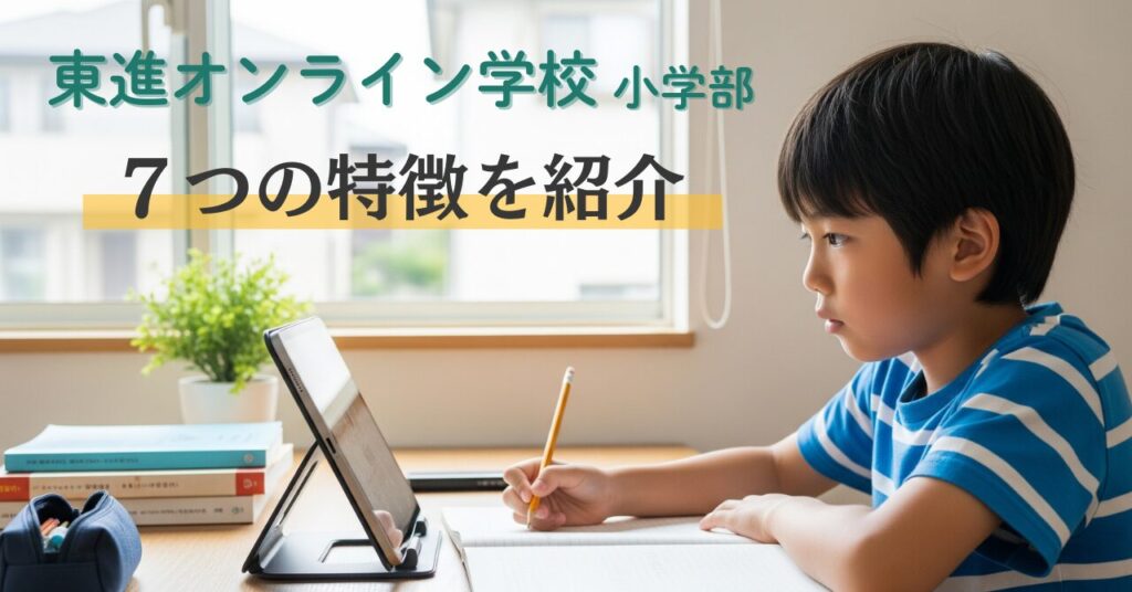 東進オンライン学校小学部の7つの特徴を紹介。学習画面、授業配信、演習講座、2段階テスト、先取り学習、毎日トレーニング、未来発見講座。