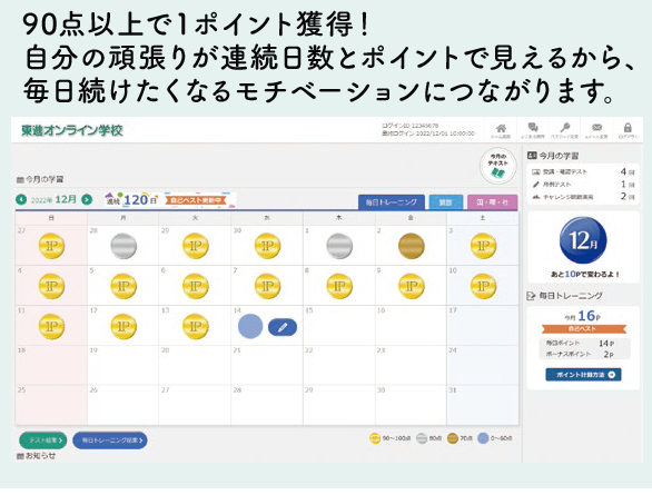 毎日トレーニングの結果画面。メダルの色(金、銀、銅)で学習成果が表示され、子供のやる気を引き出す工夫がされている。