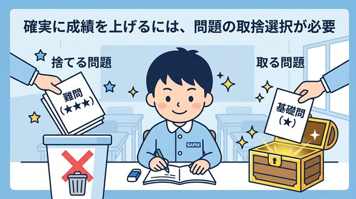 SAPIX偏差値30台向けの勉強法:難問を捨てて基礎問題に絞り込む学習の取捨選択の図解