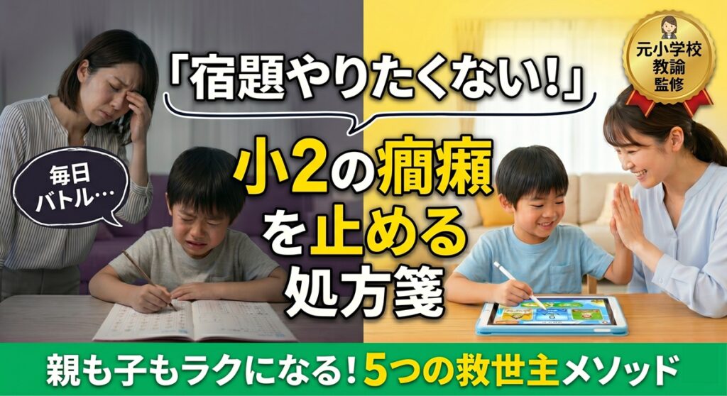 小2の宿題イヤイヤ・癇癪を止める5つの解決策。宿題に悩む親子がタブレット学習で笑顔になる様子