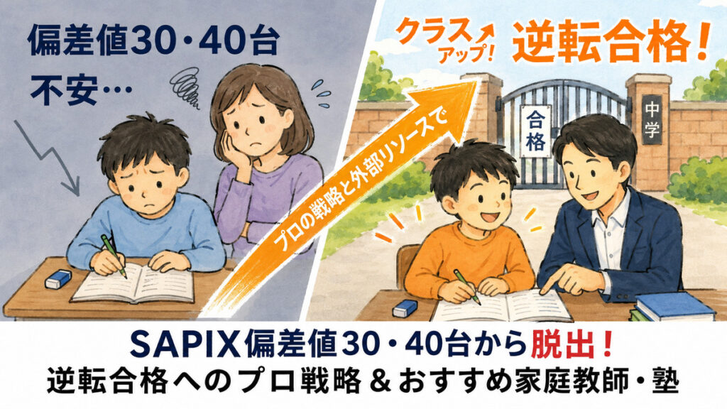 SAPIX偏差値30・40台の不安をプロの戦略と外部リソース活用で解決し、逆転合格へ向かう親子と講師の図解
