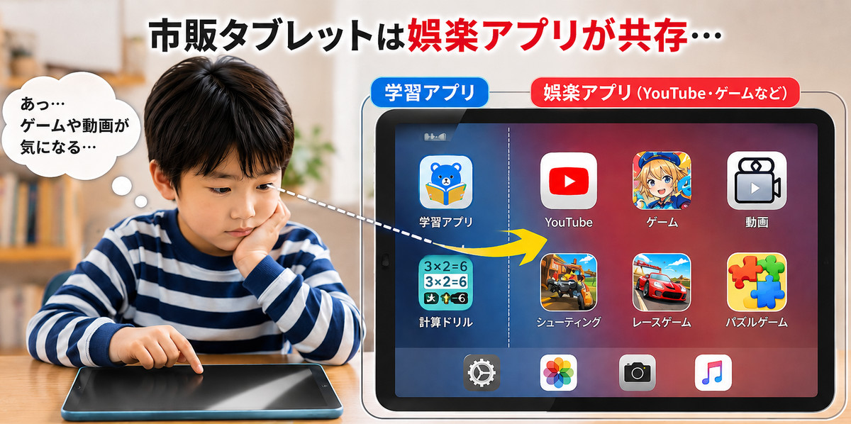 学習だけでなく、動画閲覧やゲーム・SNSなどにも幅広く使える汎用性の高いタブレットのイメージ