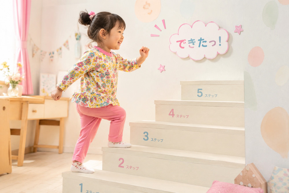 「できた！」という自信にあふれている女の子が階段をのぼっていく姿。