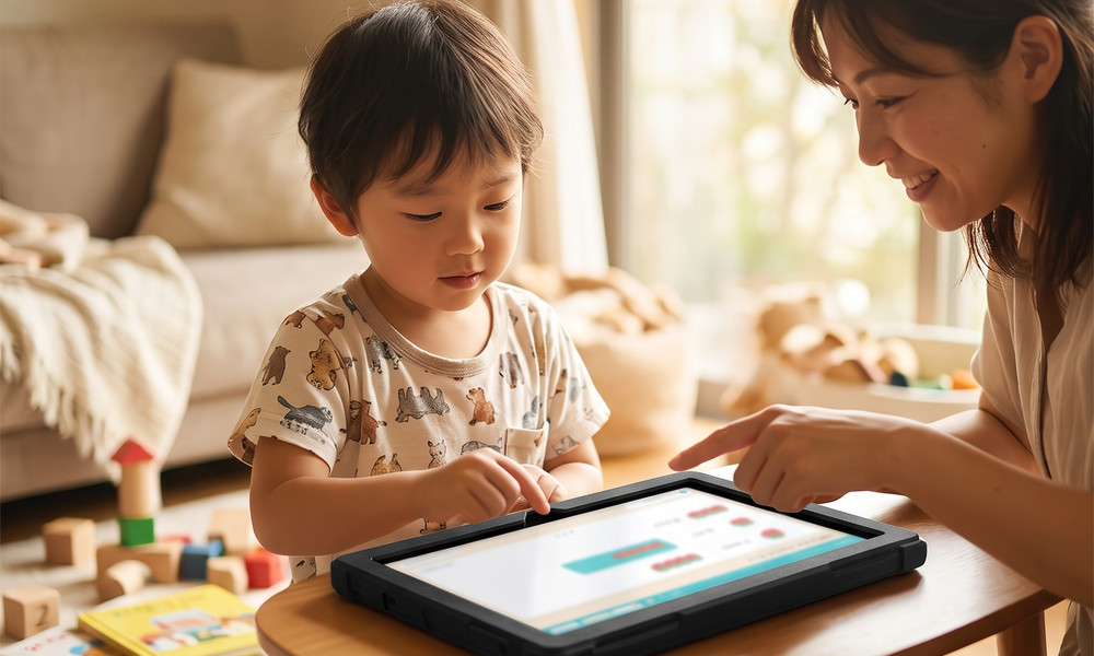 お母さんが子どもと一緒にタブレット学習をしている様子
